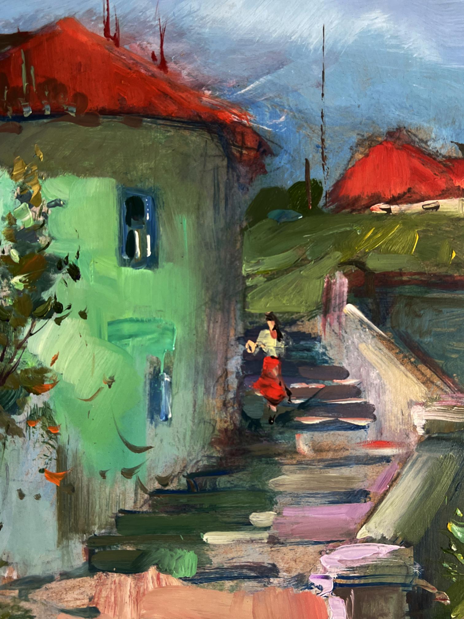 Vibrant impressionist oil painting by Yuriy Suprunchuk: woman in red descending city street stairs