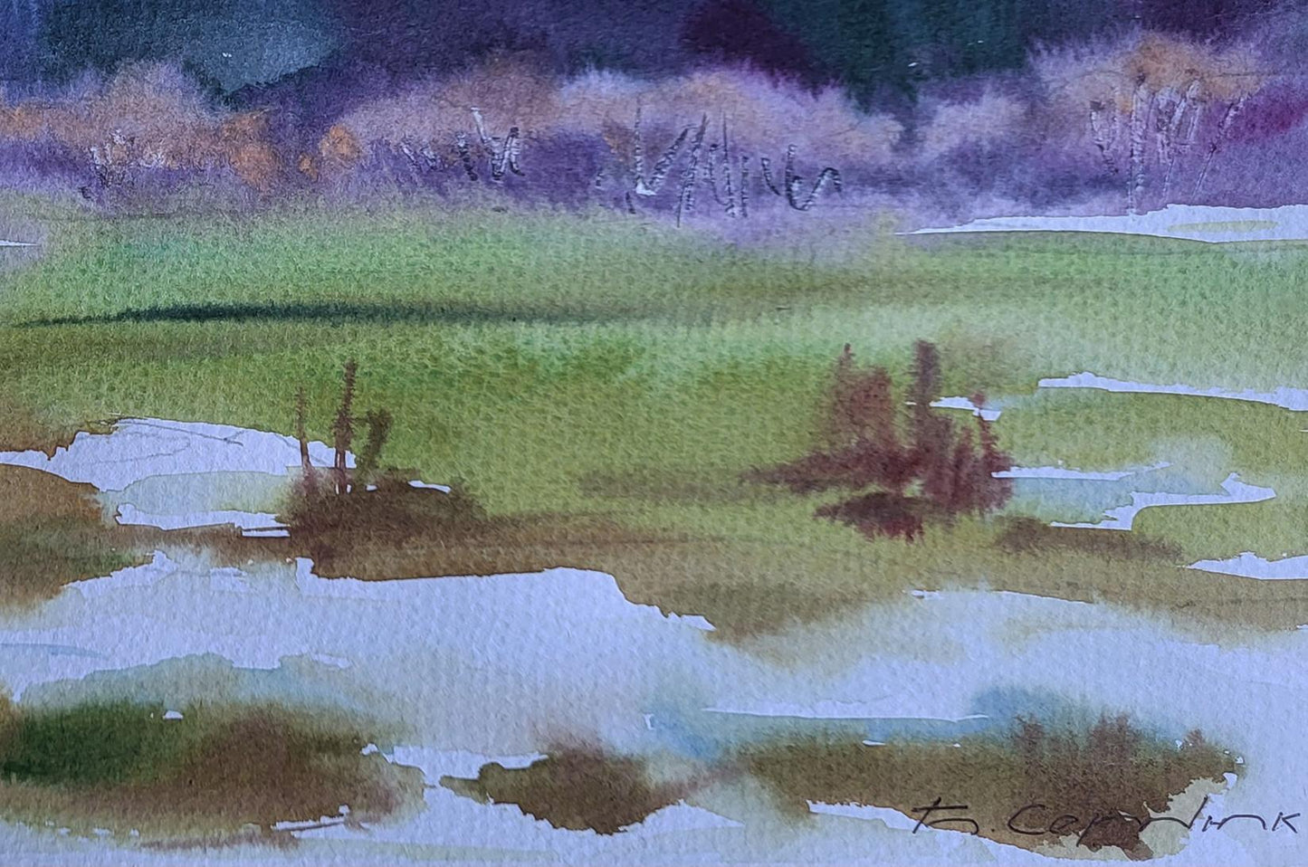 Watercolor painting First snow silence by Boris Serdyuk with green fields, snow, trees