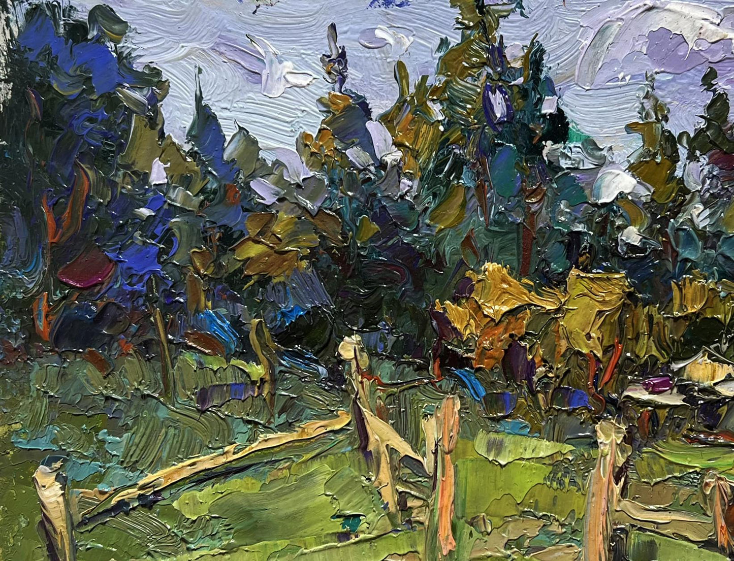 Vibrant impressionist oil painting of house near forest by Oksana Ivanyuk