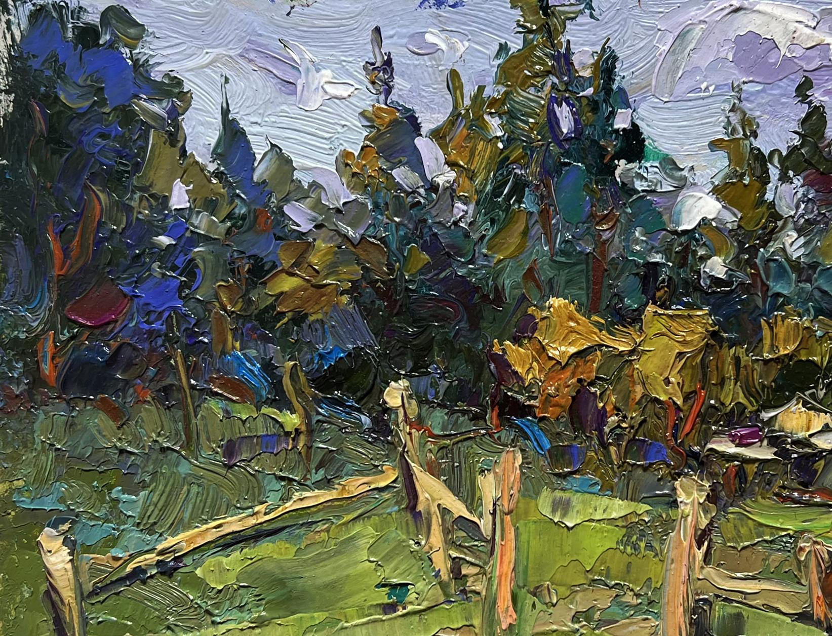 Vibrant impressionist oil painting of house near forest by Oksana Ivanyuk
