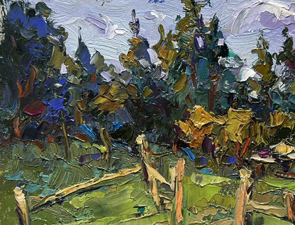 Vibrant impressionist oil painting of house near forest by Oksana Ivanyuk