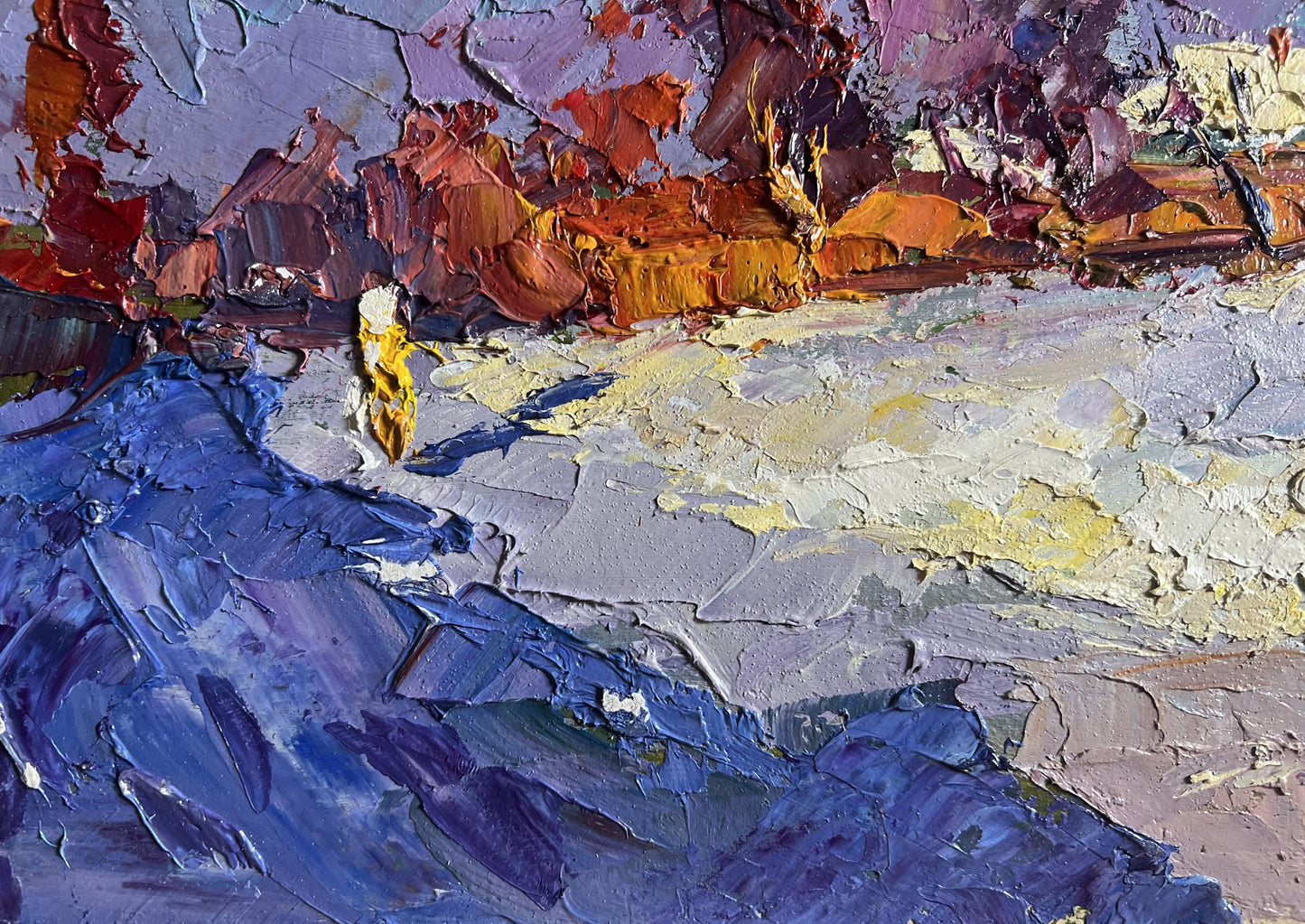 Oil painting Sunny day in winter by Boris Serdyuk with bold blues and warm sunset sky