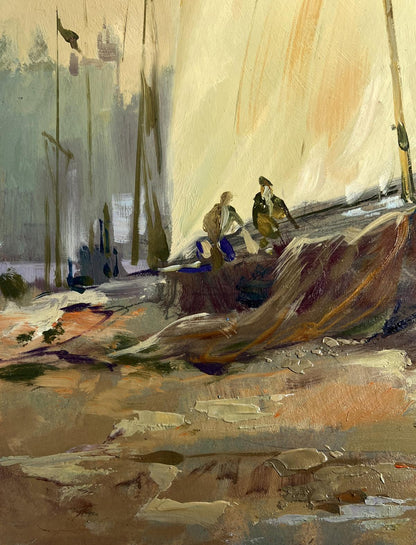 Oil painting Evening on the pier by Yuriy Suprunchuk textured rocky shore scene