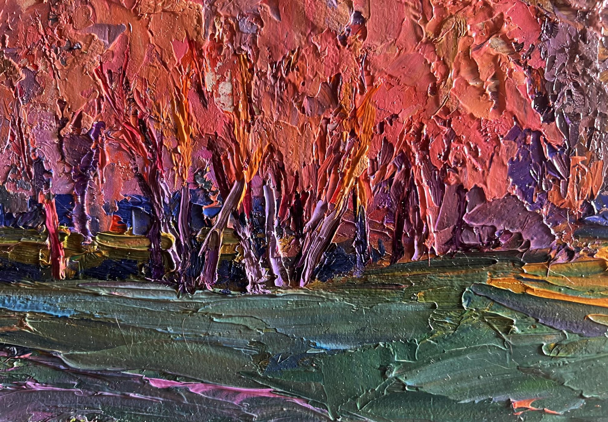 Vibrant impressionist oil painting Autumn evening in the forest by Boris Serdyuk