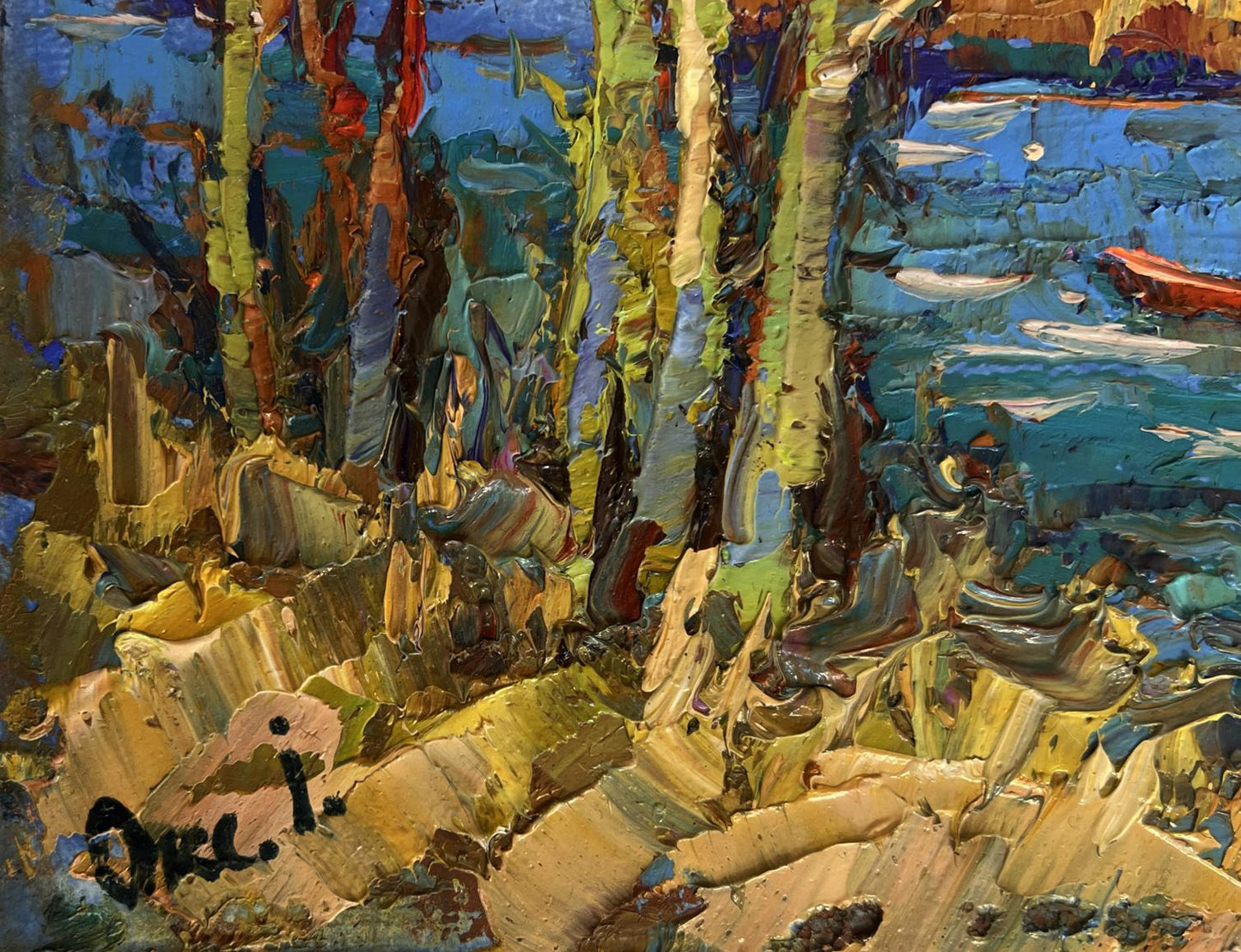 Vibrant oil painting of autumn river waters on forested shoreline by Oksana Ivanyuk
