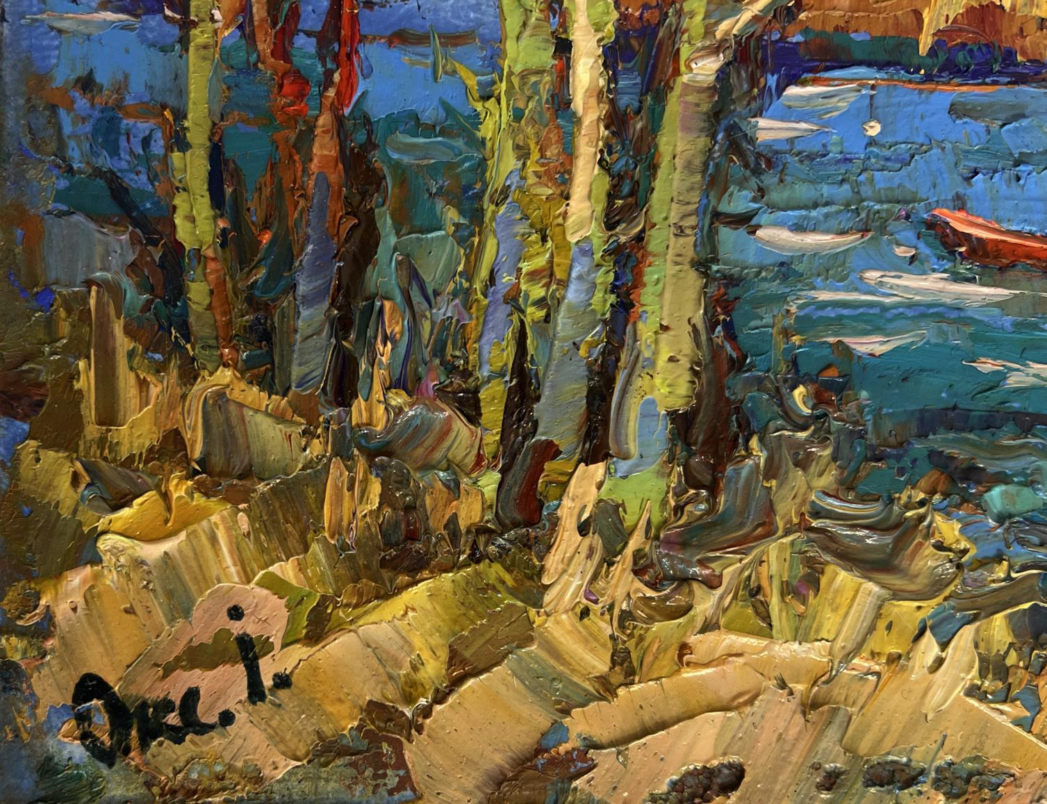 Vibrant oil painting of autumn river waters on forested shoreline by Oksana Ivanyuk
