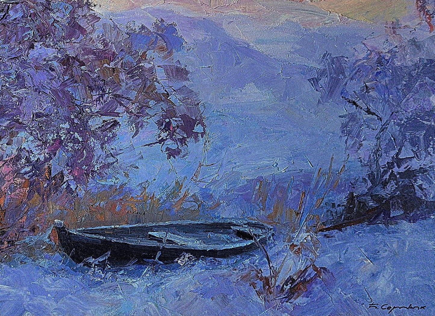 Oil painting Frosty morning by Boris Serdyuk: snowy rowboat under purple foliage