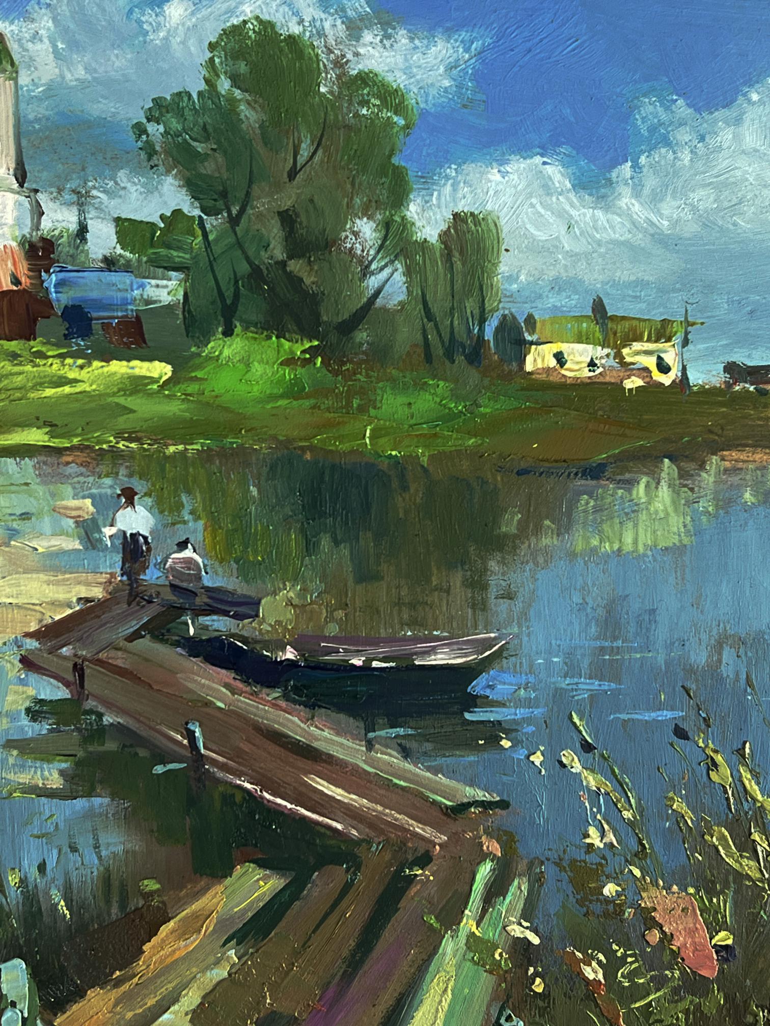Oil painting of rustic dock and bridge over reflective river by Yuriy Suprunchuk