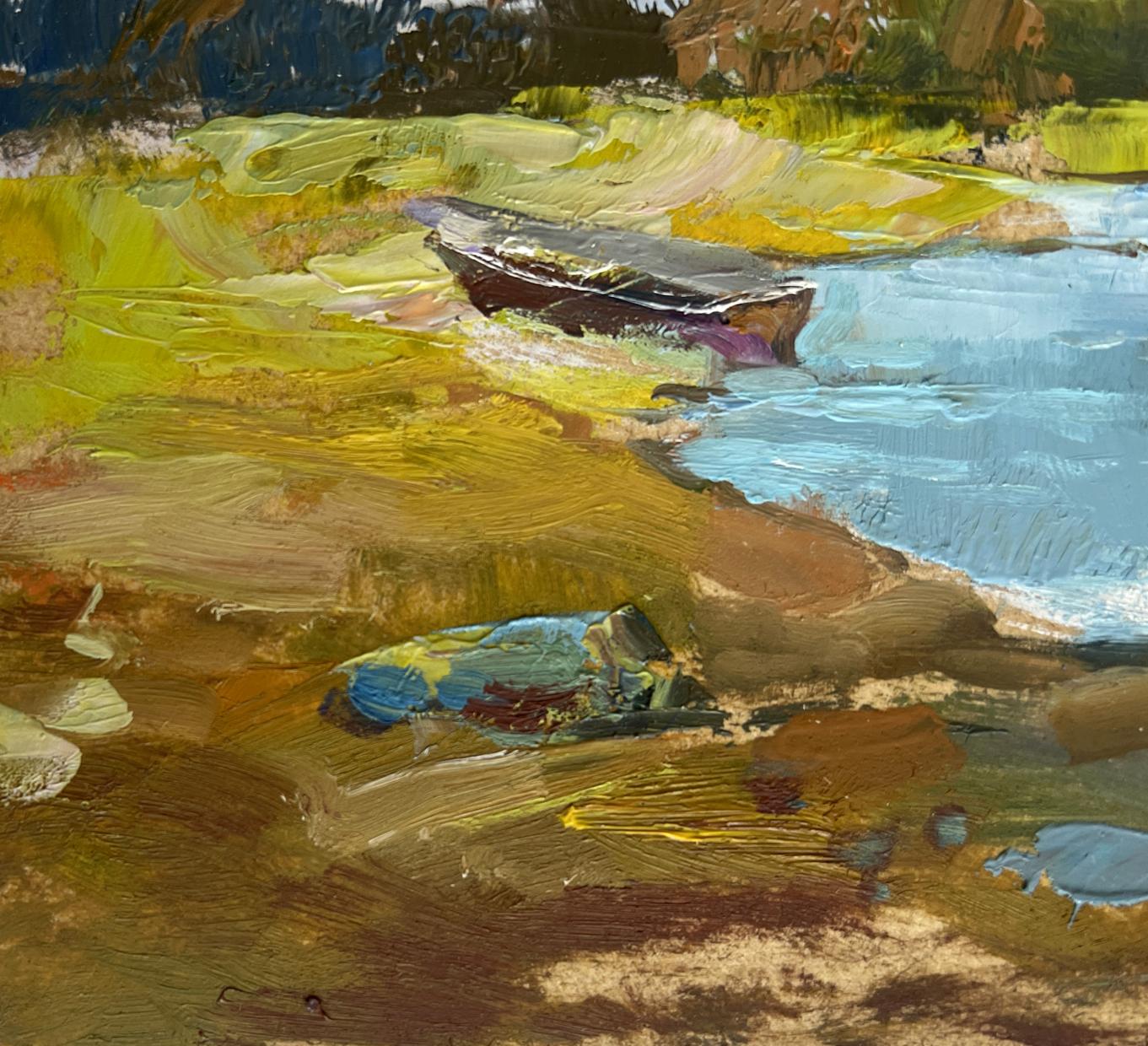 Oil painting of weathered rowboat on vibrant green yellow shore by Yuriy Suprunchuk