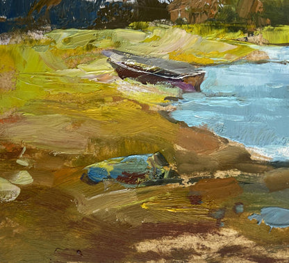 Oil painting of weathered rowboat on vibrant green yellow shore by Yuriy Suprunchuk