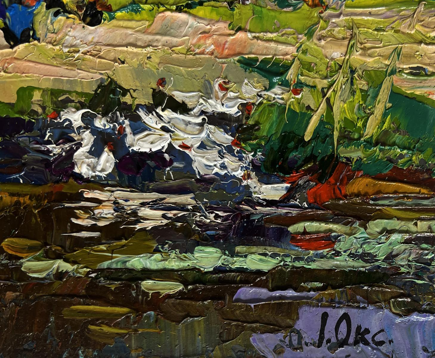 Vibrant impressionist oil painting of white swans with red beaks by Oksana Ivanyuk