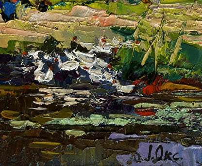 Vibrant impressionist oil painting of white swans with red beaks by Oksana Ivanyuk