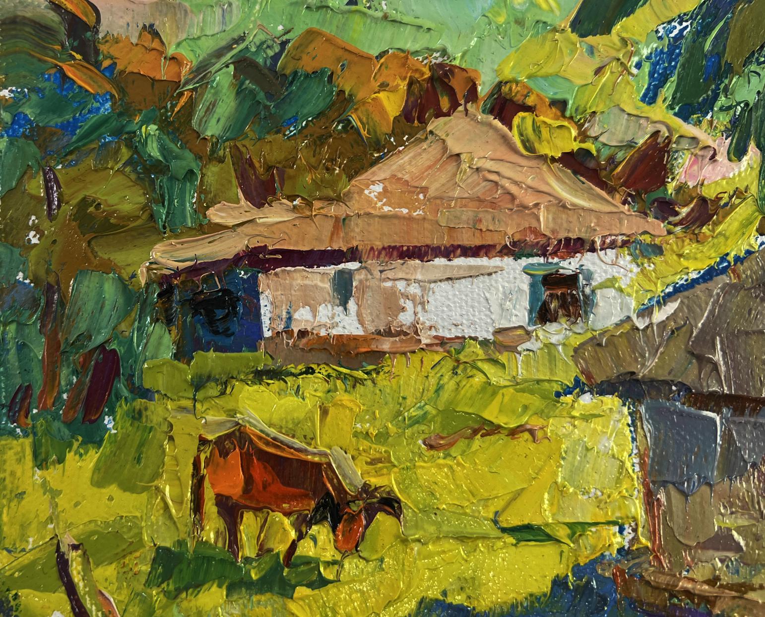 Oil painting Work silence under the evening sky by Oleksiy Ivanyuk with grazing cow