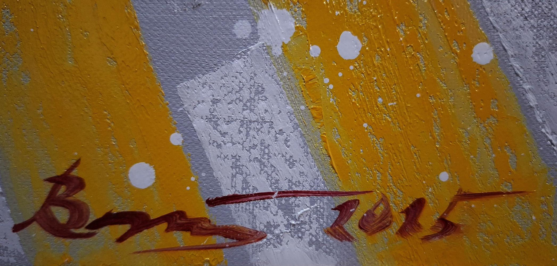 Oil painting Near the crosswalk by Sergiy Voichenko with yellow gray stripes