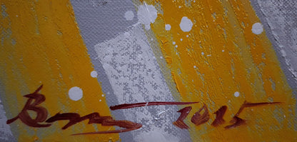 Oil painting Near the crosswalk by Sergiy Voichenko with yellow gray stripes