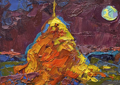Oil painting Moonlit night in the field by Oleksiy Ivanyuk, golden mountain purple sky