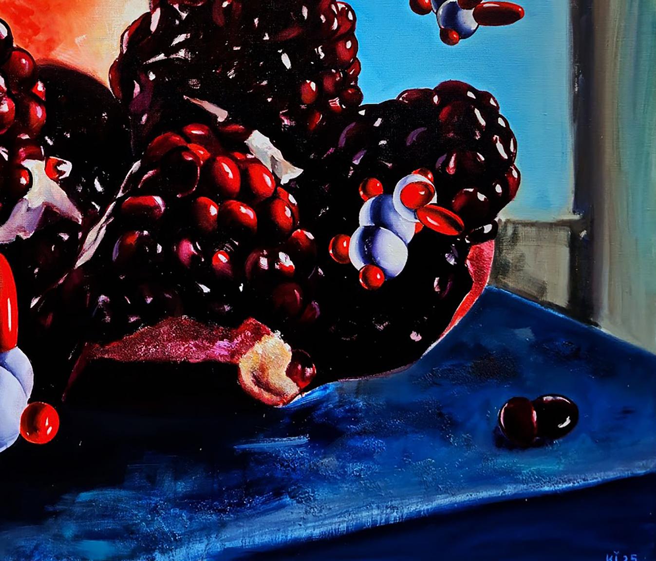 Oil painting of glossy blackberries with molecular structures by Igor Konovalov