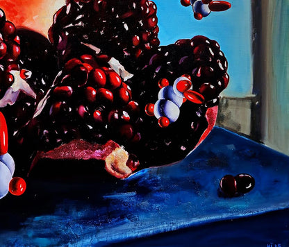 Oil painting of glossy blackberries with molecular structures by Igor Konovalov