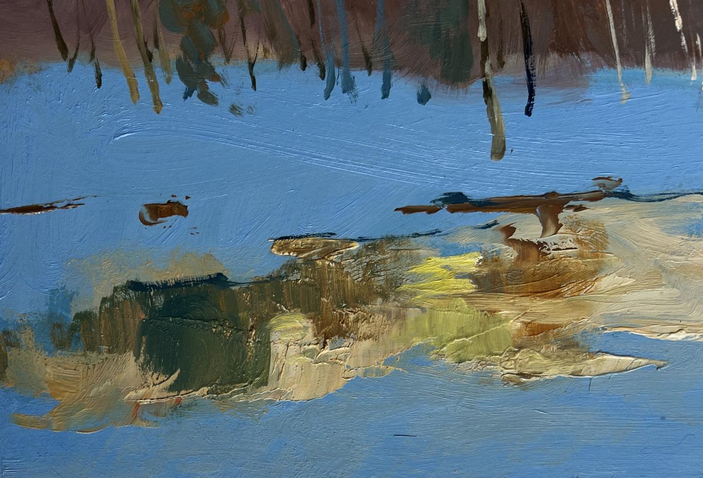 Oil painting Reflection of a yellow sunset by Yuriy Suprunchuk with bold blue, brown, beige strokes