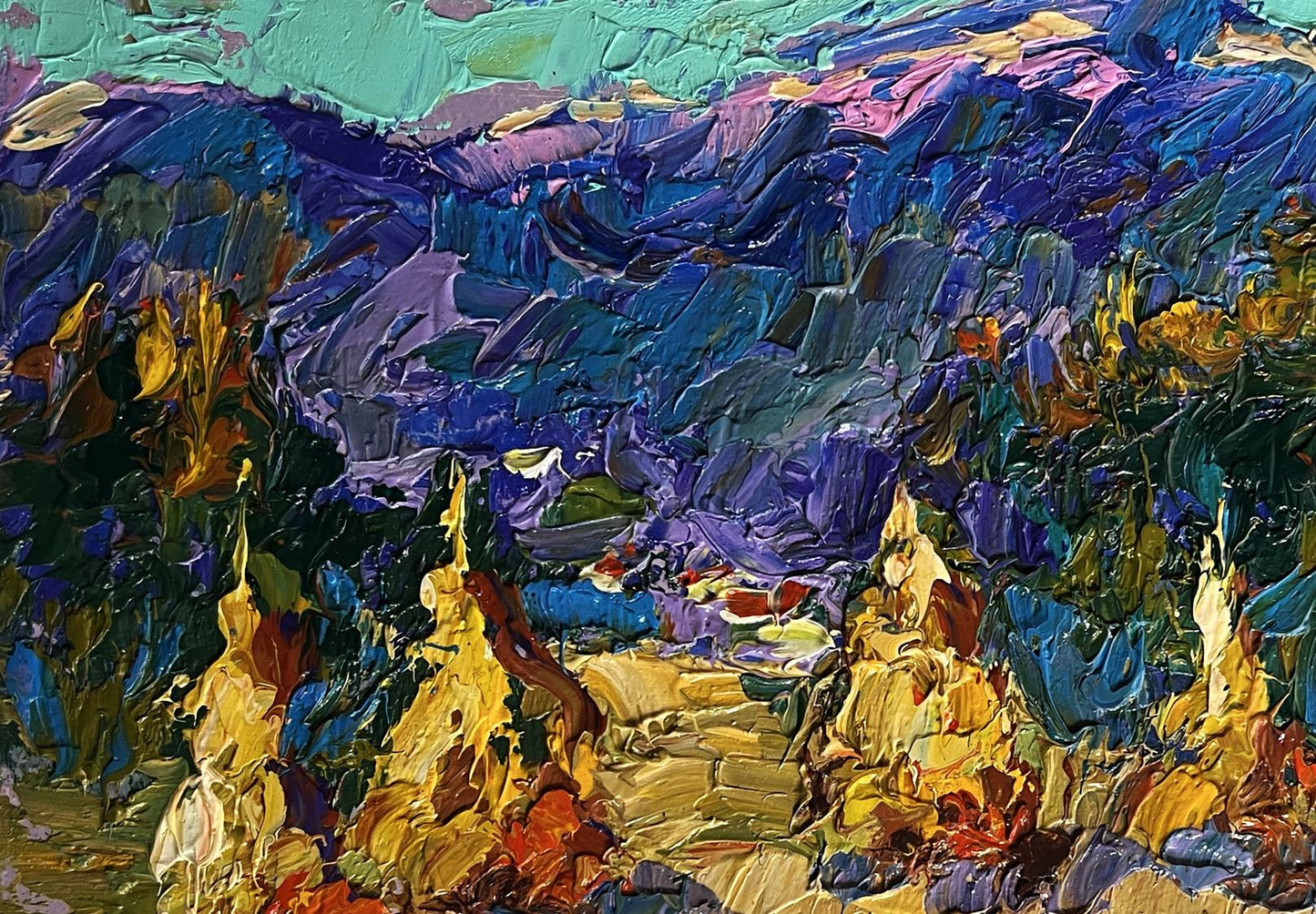 Vibrant impressionist oil painting of haystacks and mountains by Oleksiy Ivanyuk