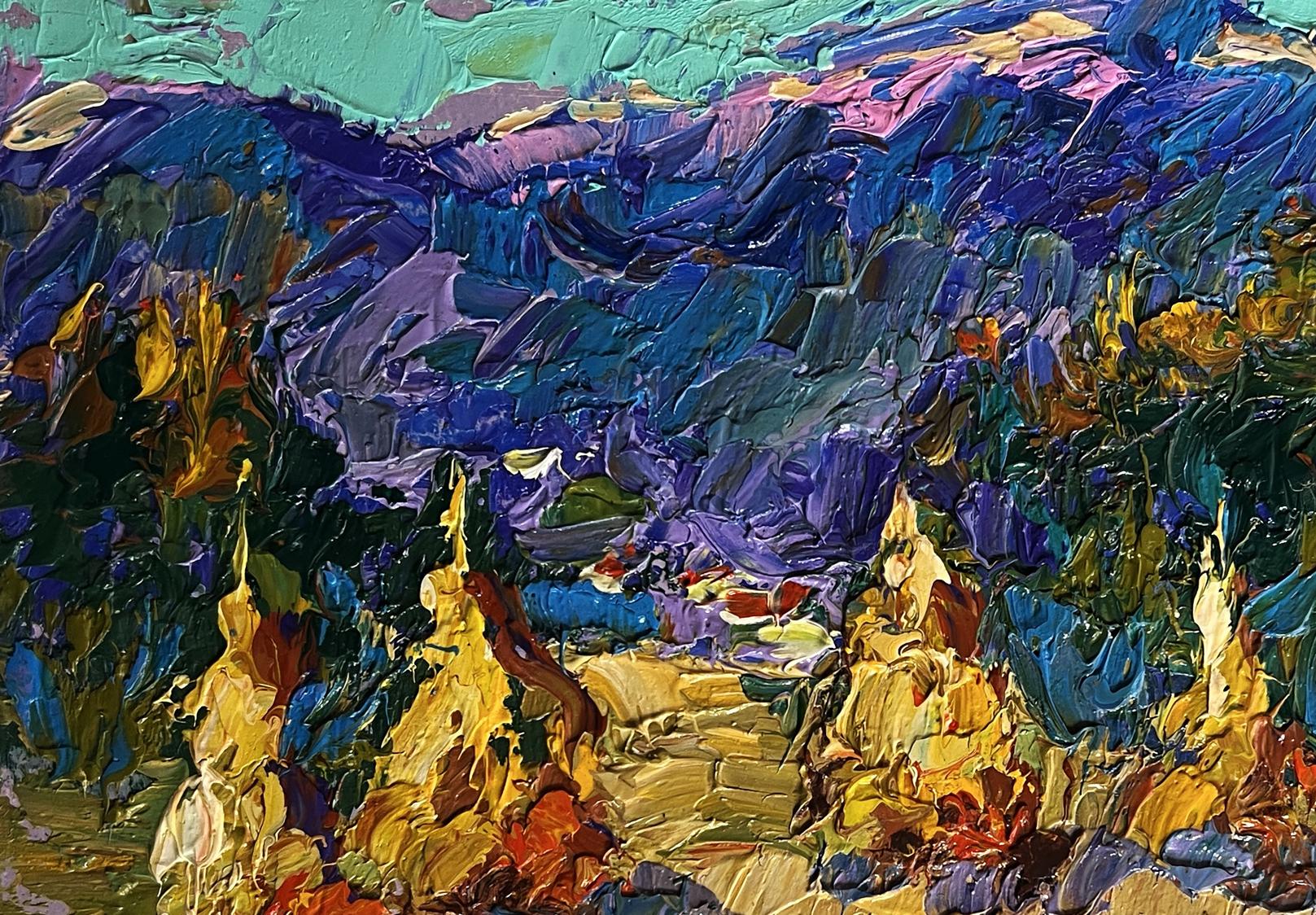 Vibrant impressionist oil painting of haystacks and mountains by Oleksiy Ivanyuk