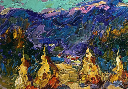 Vibrant impressionist oil painting of haystacks and mountains by Oleksiy Ivanyuk