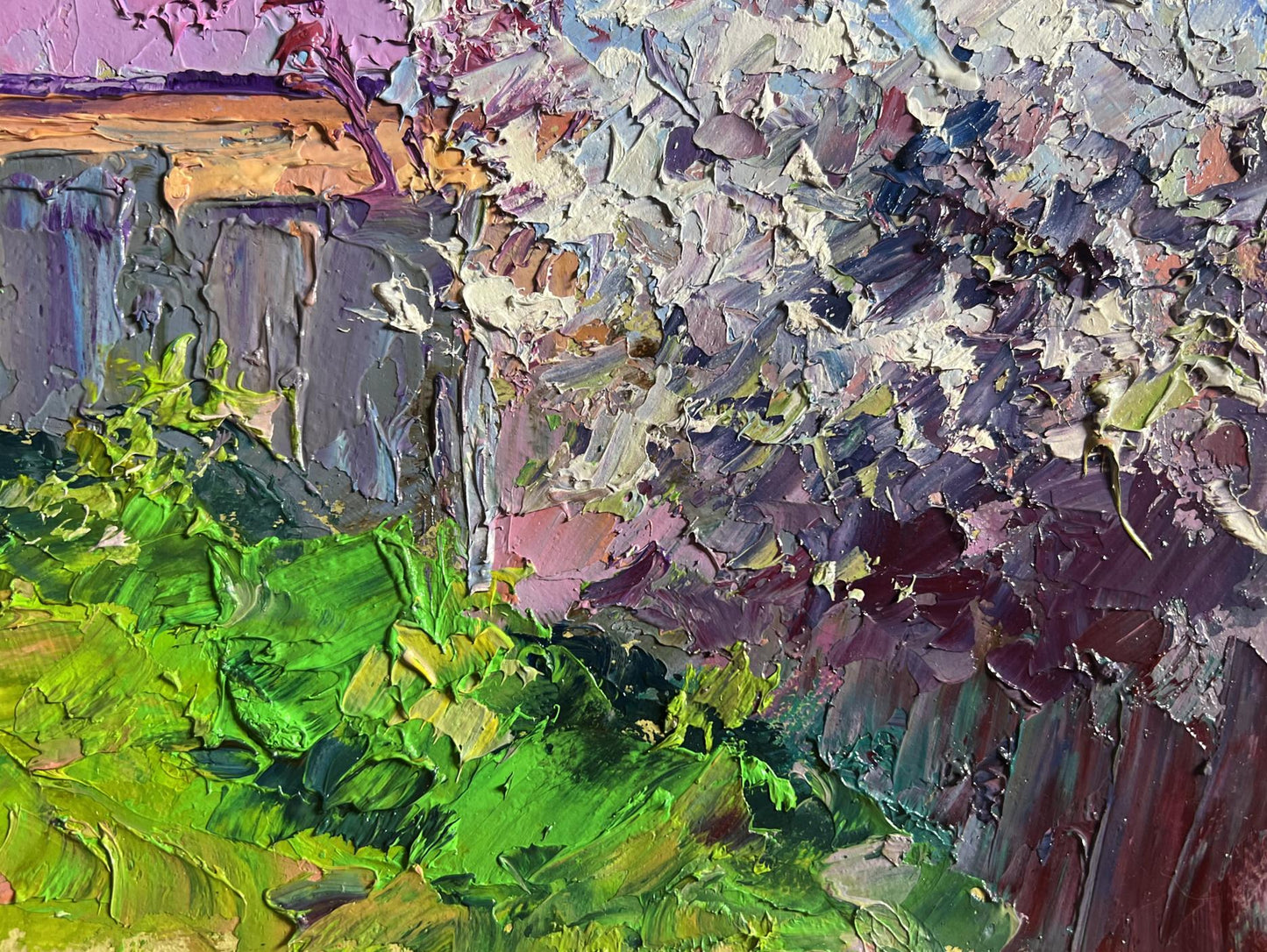 Oil painting Cherry blossom by Boris Serdyuk with green foliage and purple blossoms