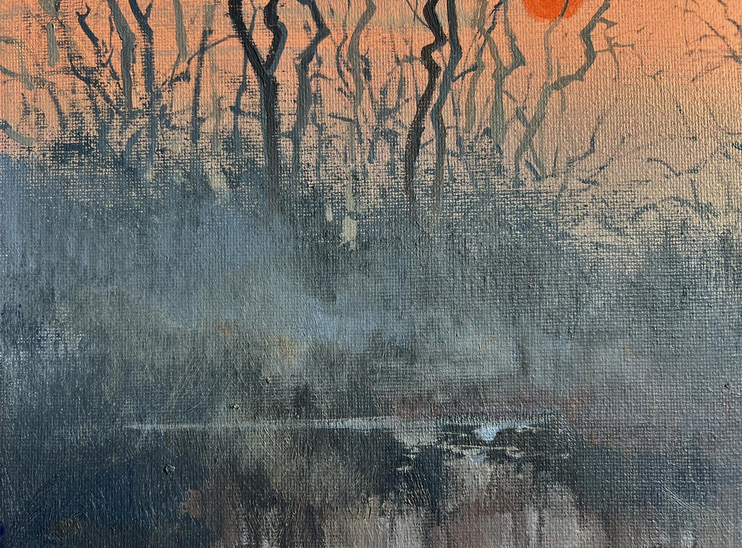 Oil painting Evening on a Misty Lake by Tatyana Derdey serene landscape