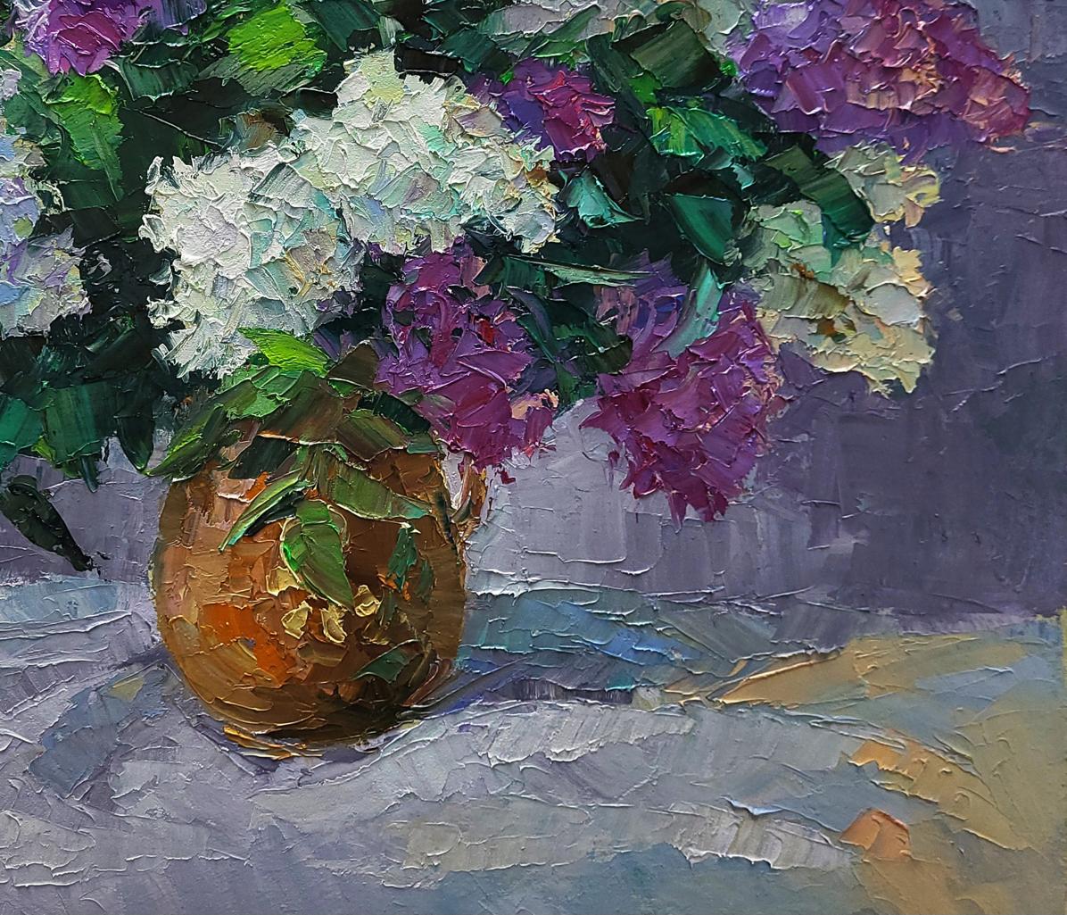 Oil painting Lilac in a jug by Boris Serdyuk with purple hydrangeas