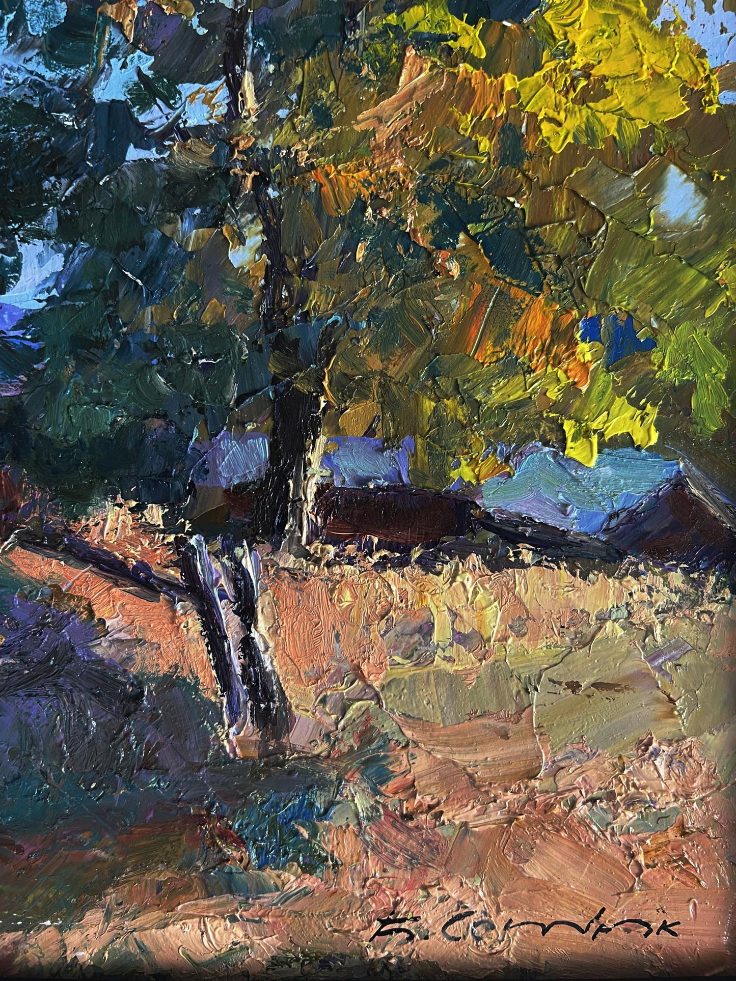 Impasto oil painting of Boris Serdyuk house on hill in vibrant textured greens