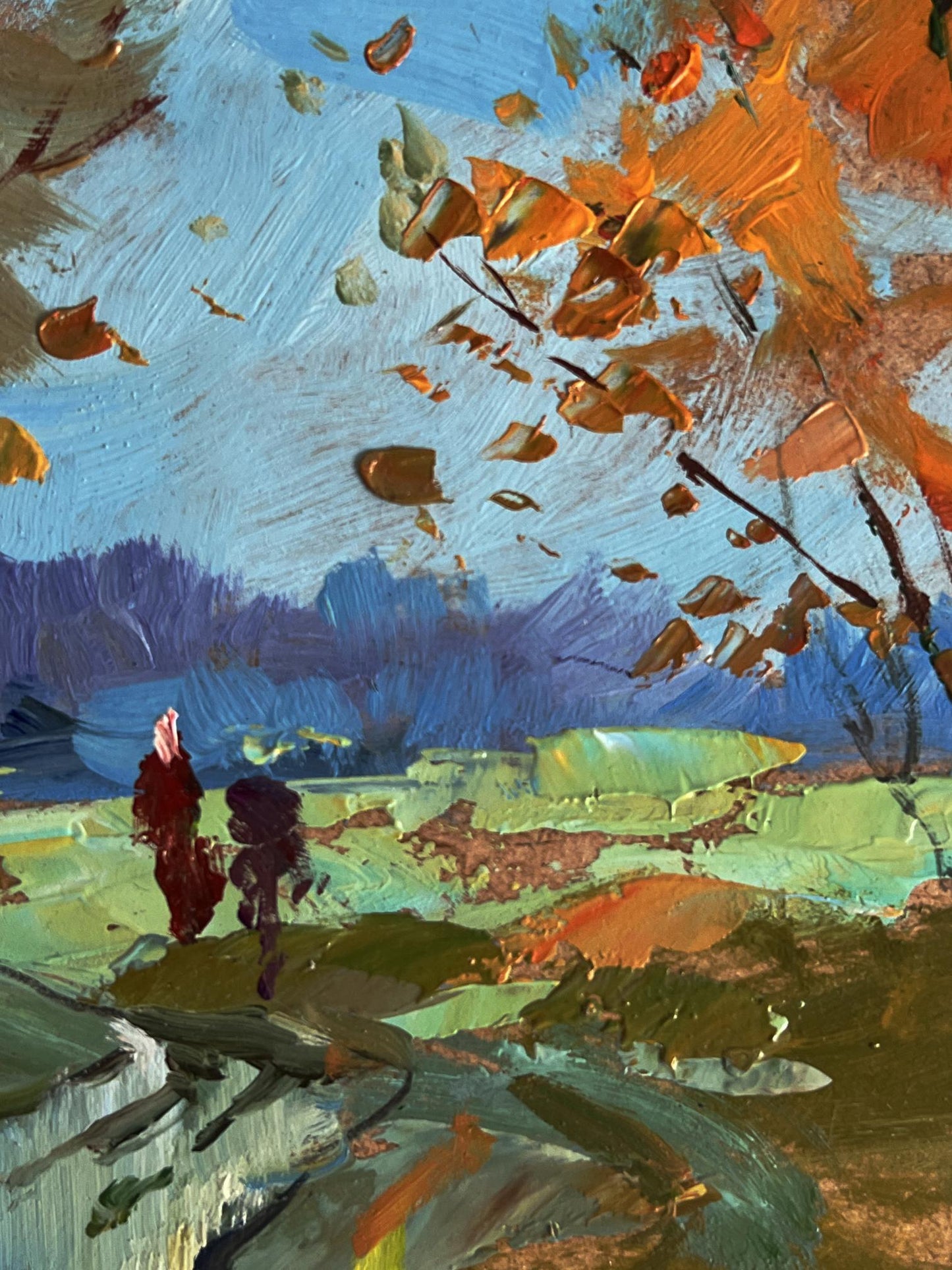 Vibrant oil painting Path in the field by Yuriy Suprunchuk with figures in autumn leaves