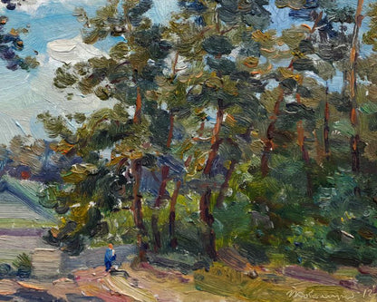Vibrant impressionist oil painting of house in forest with tall pines by Ivan Kovalenko