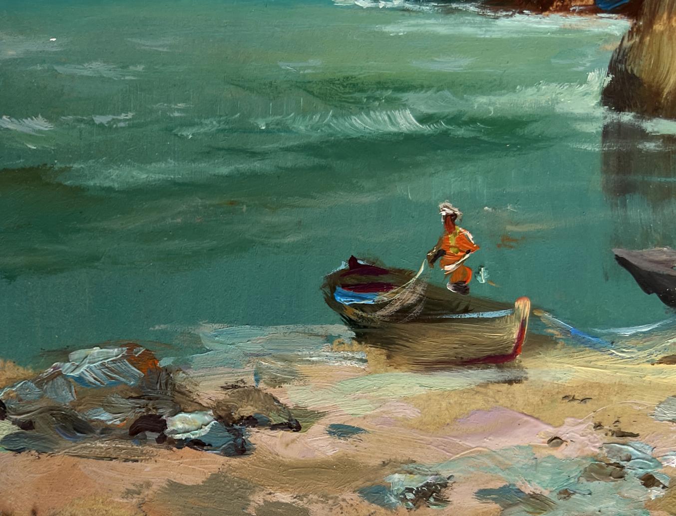 Oil painting of weathered rowboat with red stripe on sandy shore by Yuriy Suprunchuk