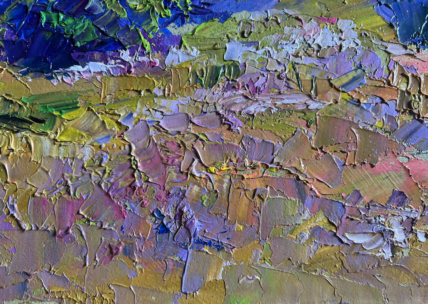 Vibrant Boris Serdyuk oil painting of summer flower meadow in blue, green, purple, gold impasto