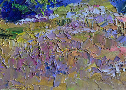Vibrant Boris Serdyuk oil painting of summer flower meadow in blue, green, purple, gold impasto
