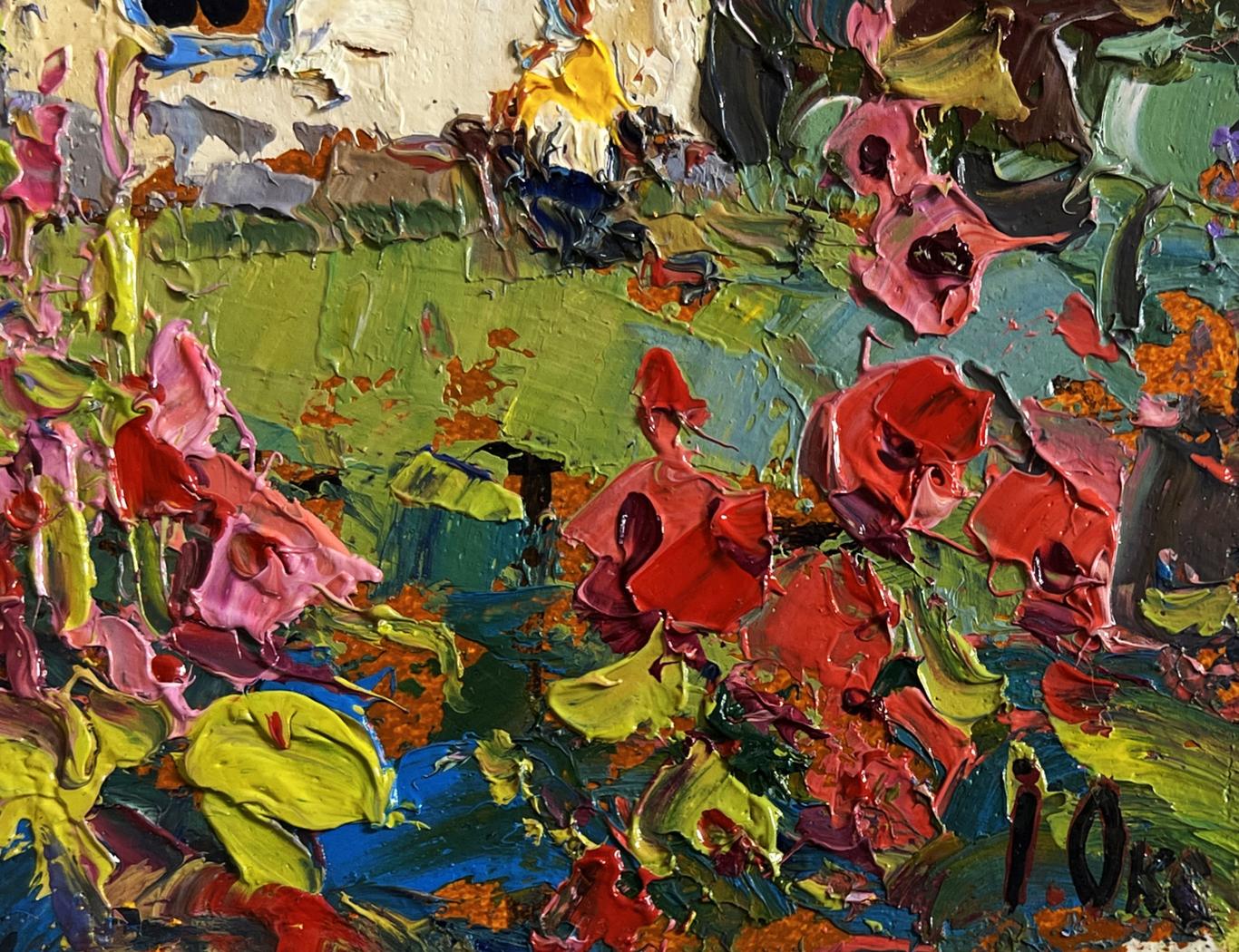 Vibrant impressionist oil painting of blooming mallows in garden by Oksana Ivanyuk
