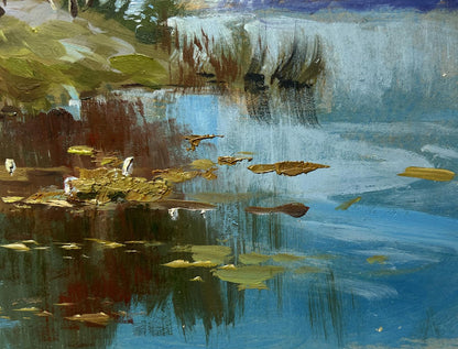 Impressionistic oil painting of tranquil pond with lily pads by Yuriy Suprunchuk