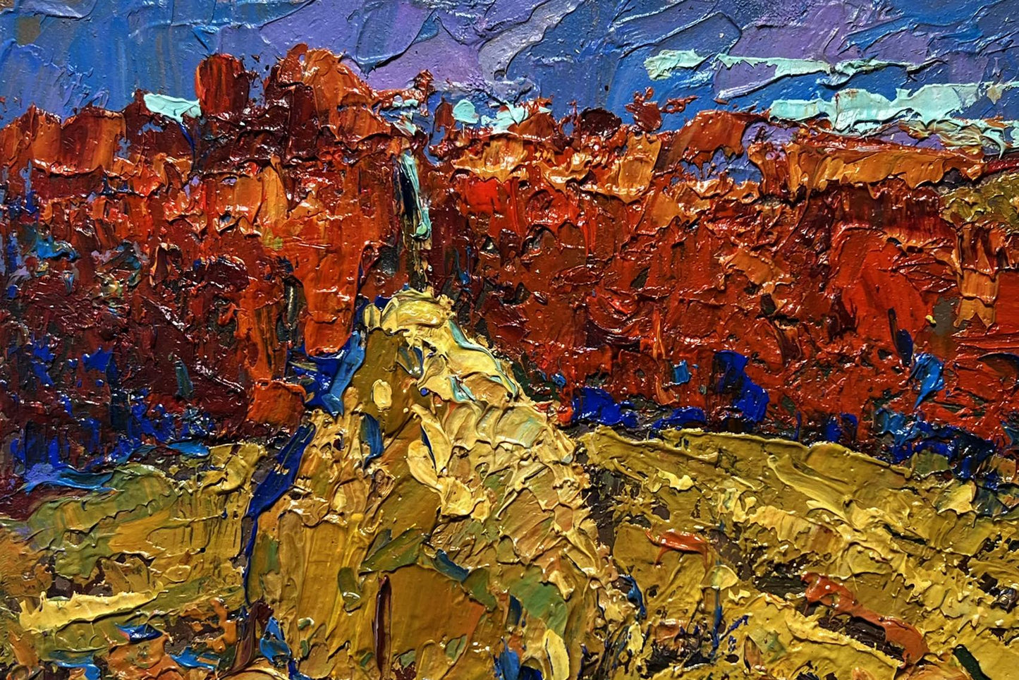 Oil painting Autumn smell of the field by Oksana Ivanyuk, vibrant red rocks