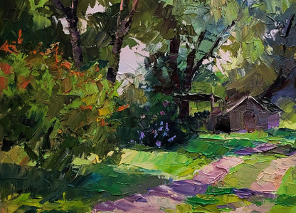 Vibrant oil painting of spring green leaves by Boris Serdyuk, sunlit forest path
