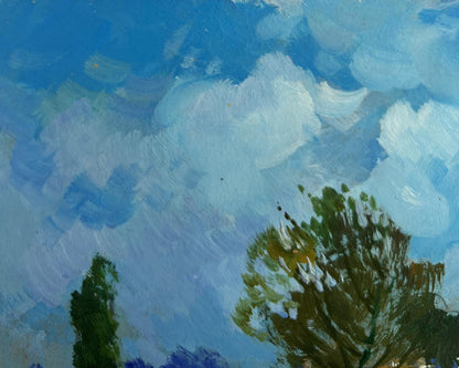 Oil painting Steps among the greenery by Yuriy Suprunchuk with blue sky and trees