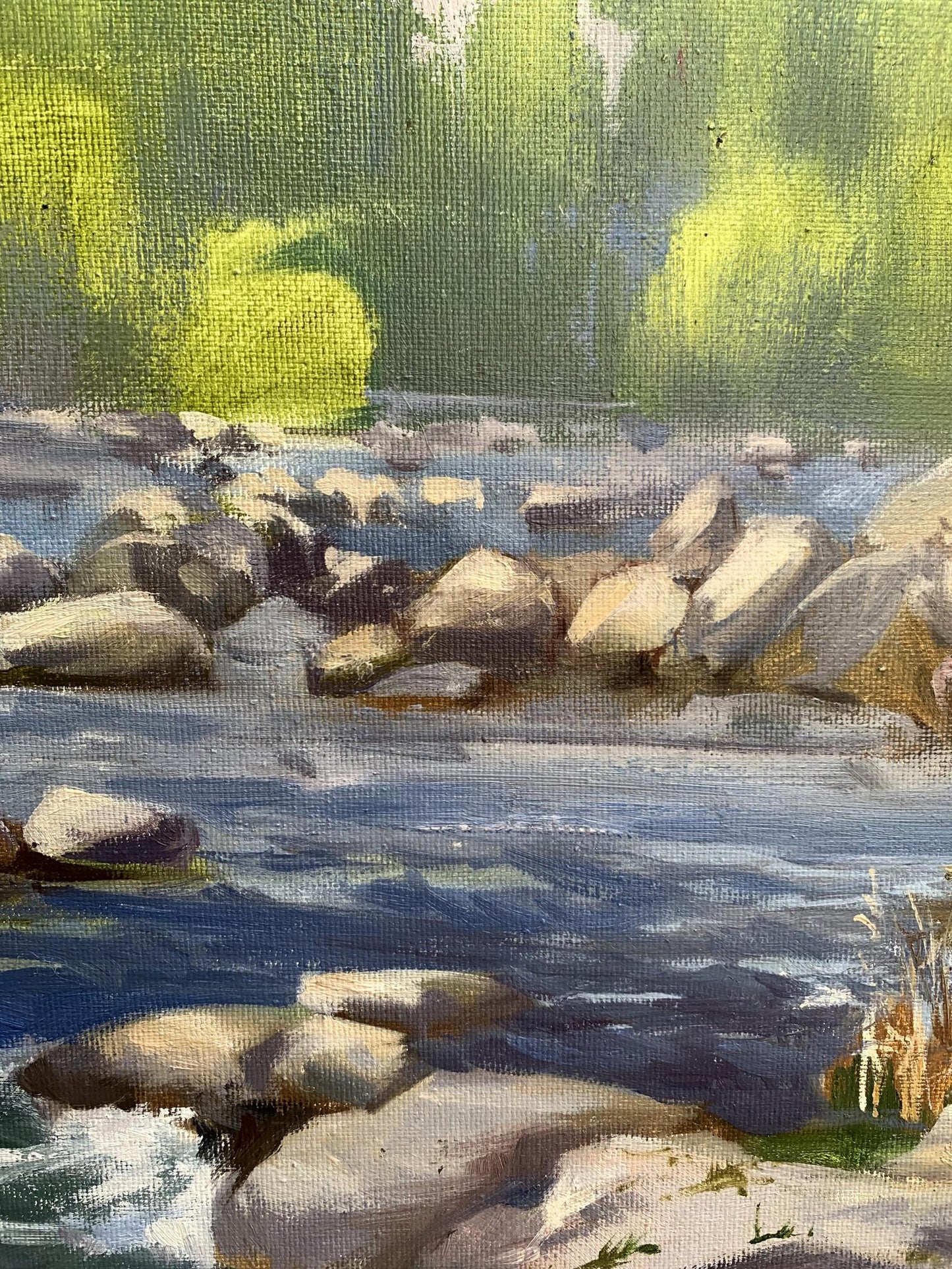 Oil painting Threshold to a dream by Tatyana Derdey: serene river over gray stones