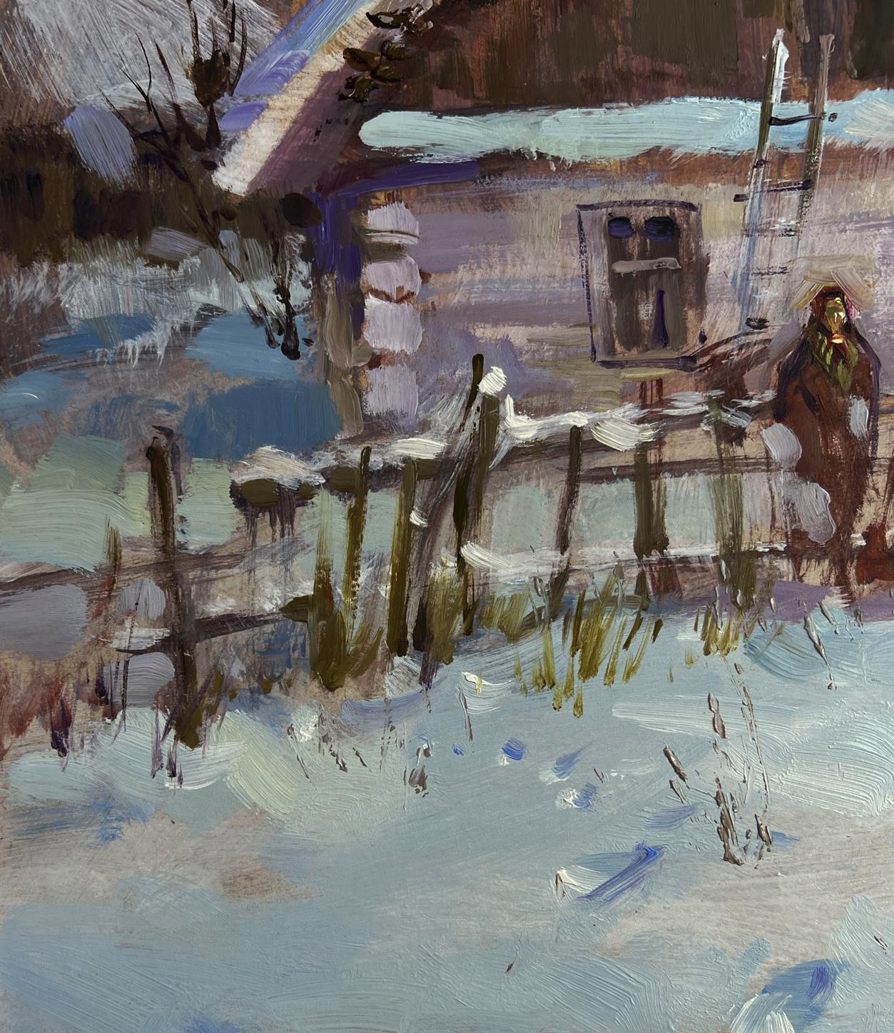 Snow-covered wooden fence in Yuriy Suprunchuk busy winter village street oil painting