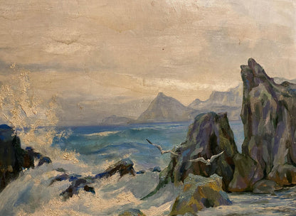 Oil painting Gurzuf by K.P. Inzavicius: cliffs, waves, seagulls