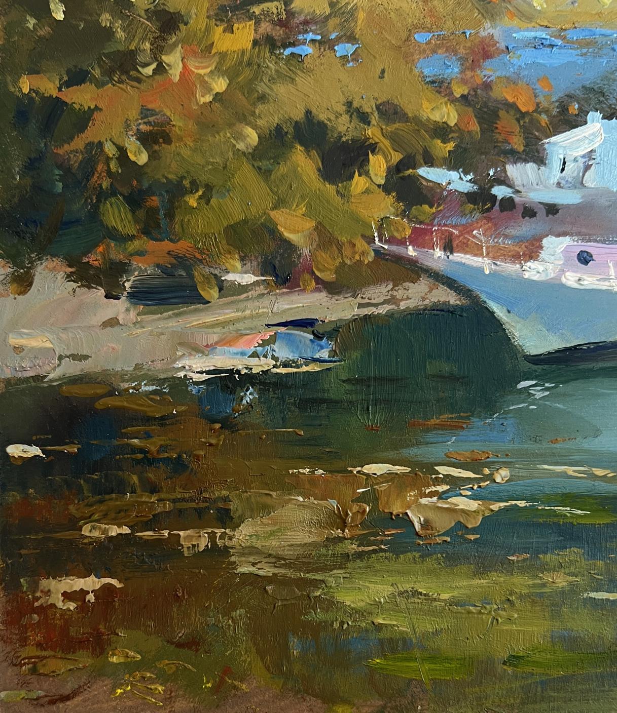 Impressionistic oil painting by Yuriy Suprunchuk of stormy river autumn scene