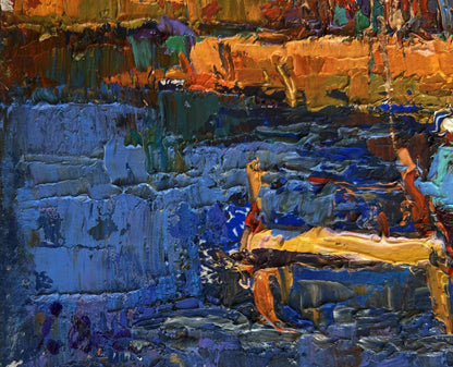 Vibrant impressionist oil painting Autumn mood near the river by Oksana Ivanyuk