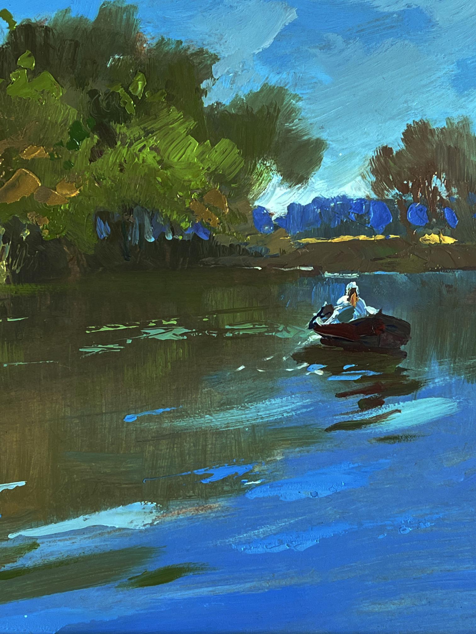 Oil painting of small dark red rowboat by Yuriy Suprunchuk on calm river