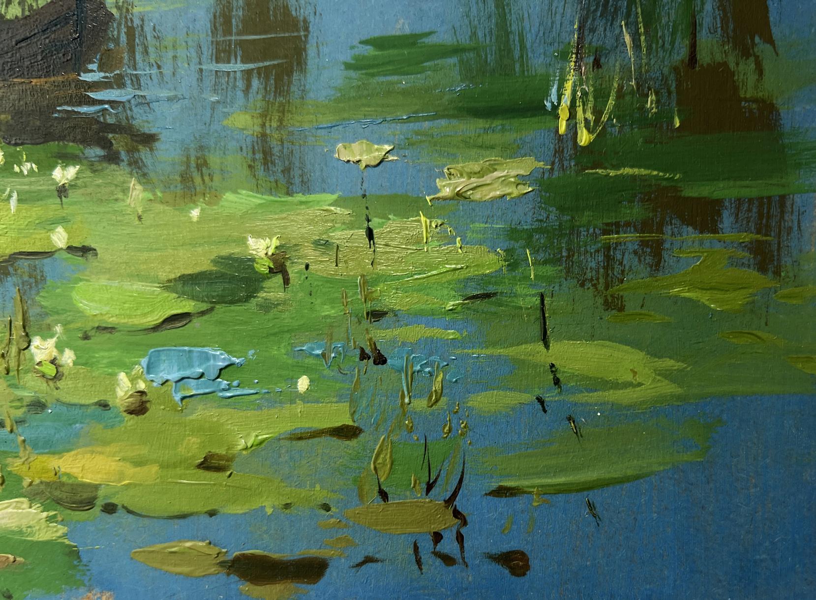 Serene pond oil painting with lily pads by Yuriy Suprunchuk
