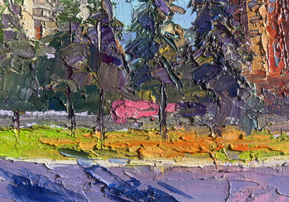 Vibrant impressionist oil painting of Boris Serdyuk summer city park with purple green trees pink foreground