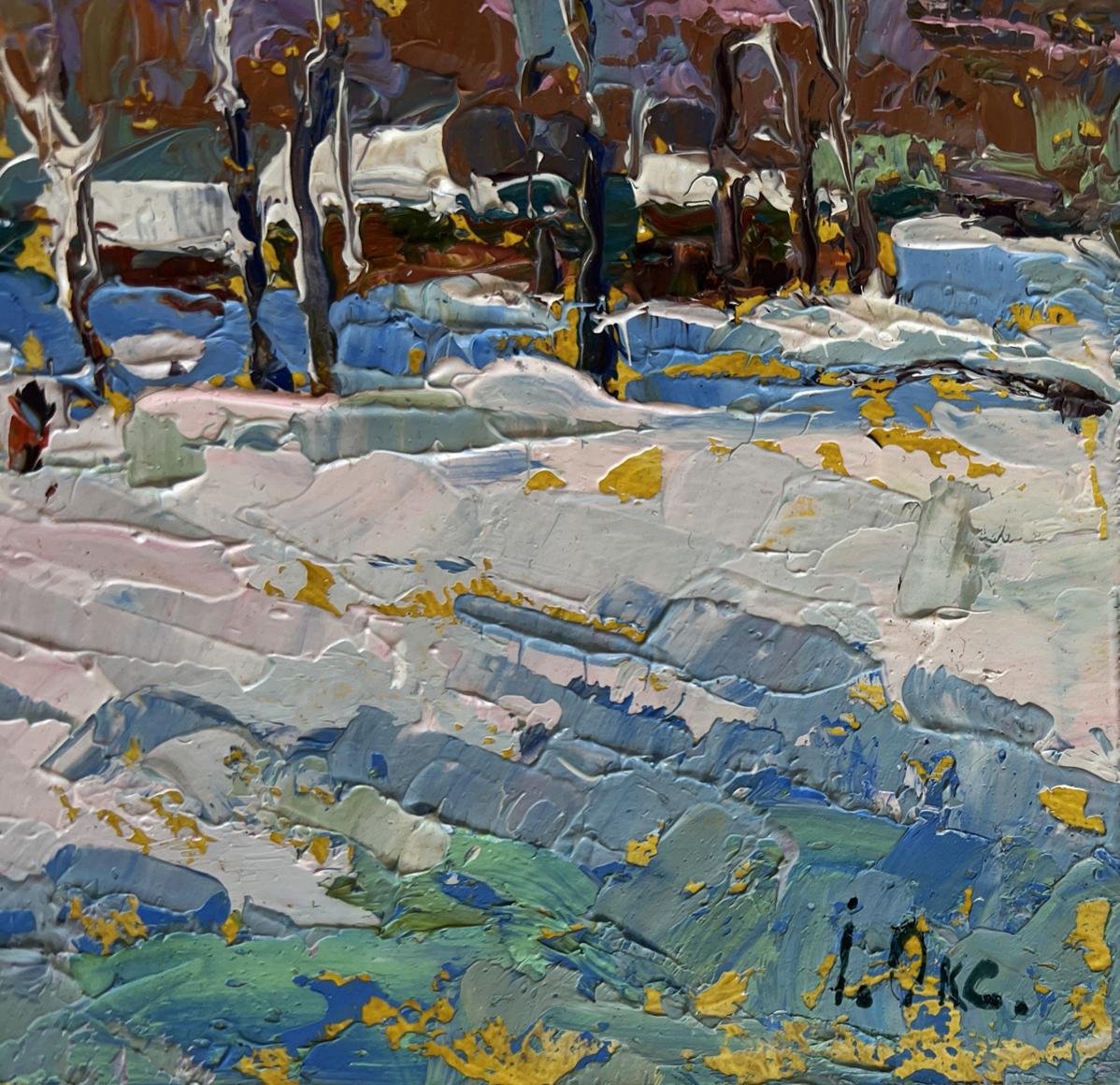 Abstract impressionist snowy landscape oil painting Returning home with hay by Oksana Ivanyuk