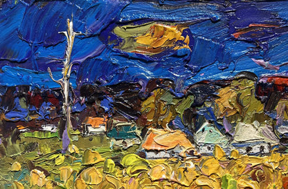 Vibrant Oleksiy Ivanyuk oil painting of village fields with blue skies and tree